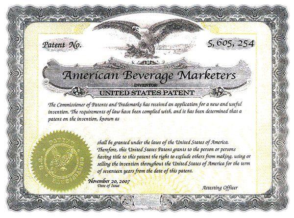 United States patent certificate for the Finest Call bottle and cap